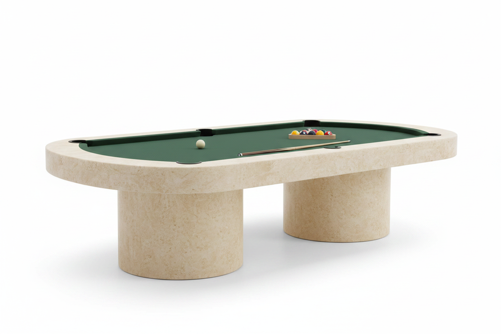Sculptural travertine pool table clean product shot
