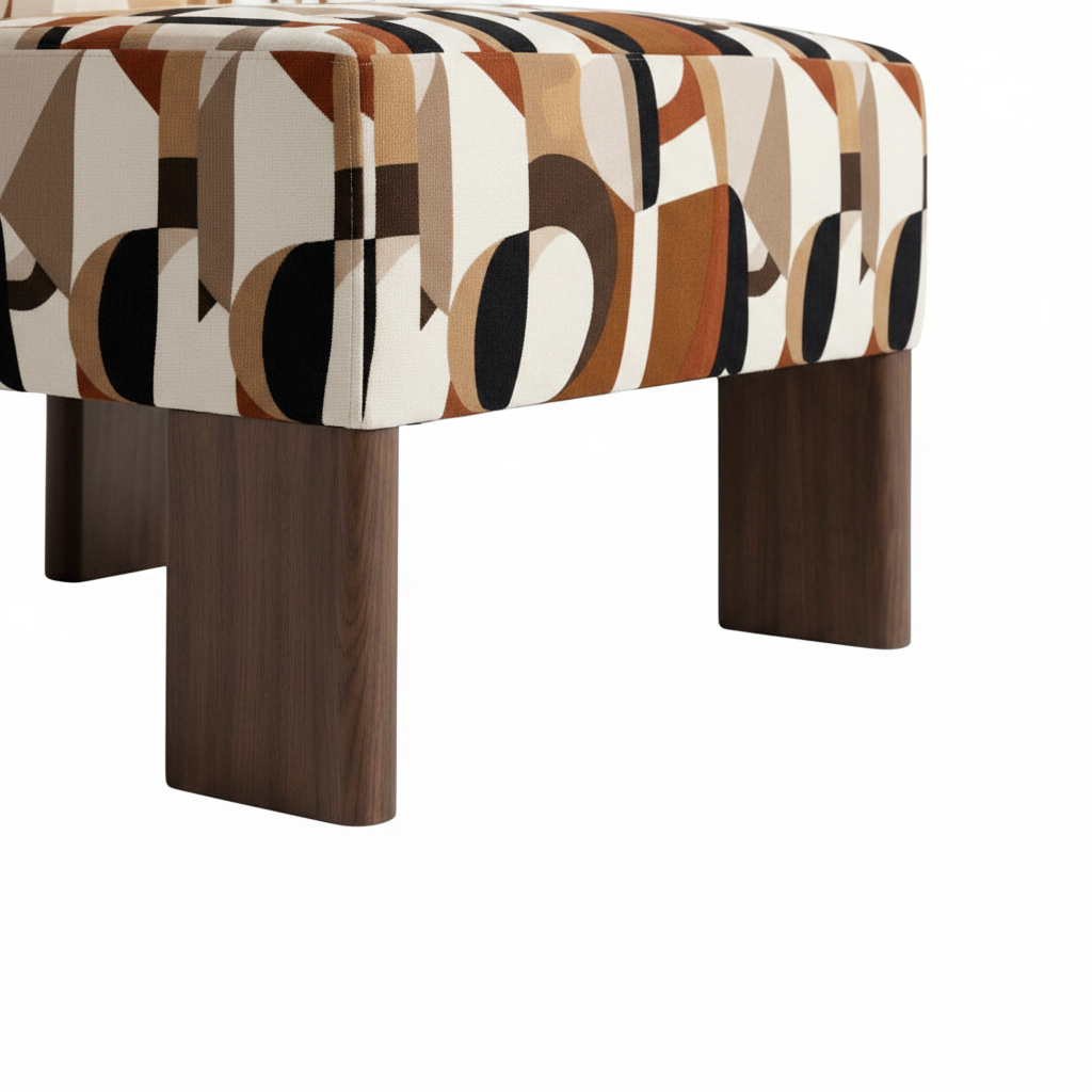 Close-up of dark walnut legs and feet of the Geometric Patterned Accent Chair