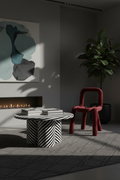 Atmospheric interior shot of the Striped Cylindrical Coffee Table