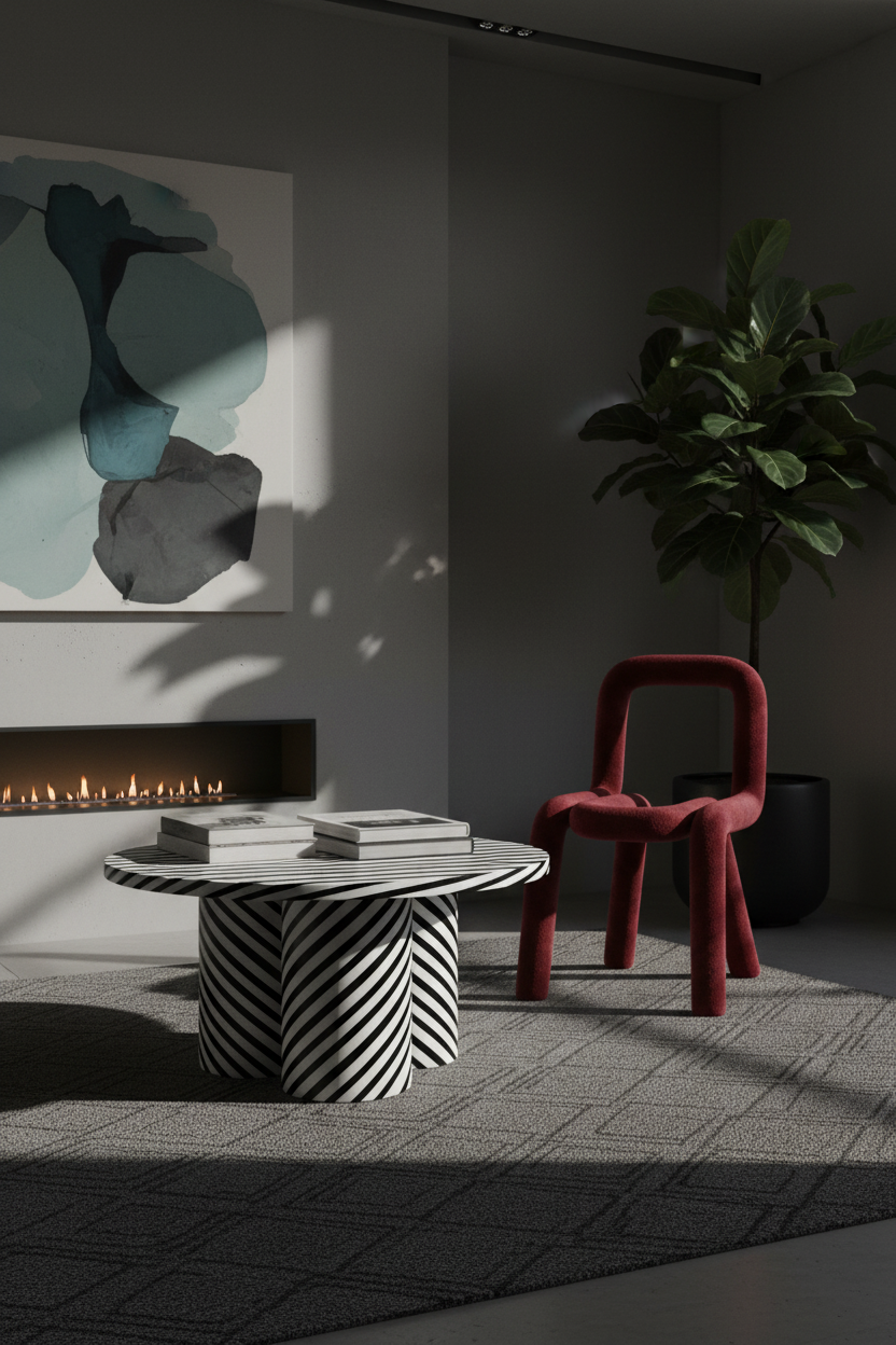 Atmospheric interior shot of the Striped Cylindrical Coffee Table