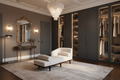 Cream chaise lounge in luxury bedroom setting