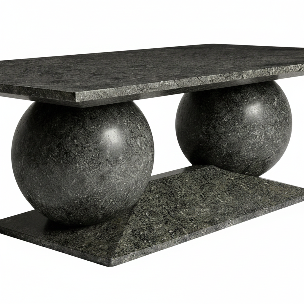 Close-up of the sculptural sphere bases of the Double Sphere Dining Table