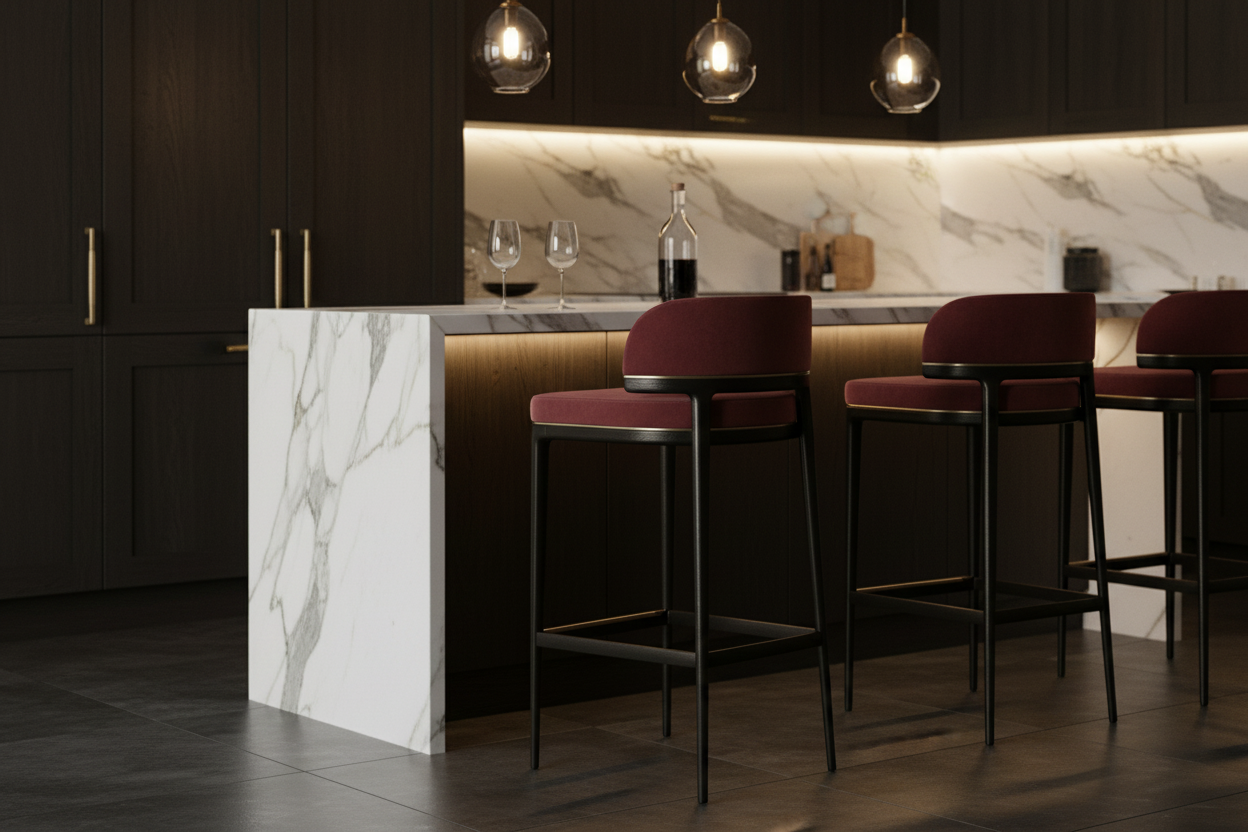 Burgundy velvet bar stool in luxury kitchen setting